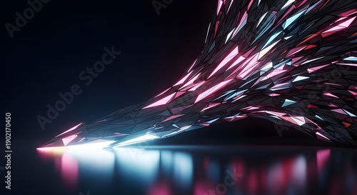 Abstract glowing crystal, low poly geometric structure curves dramatically with vivid pink and cyan neon illumination