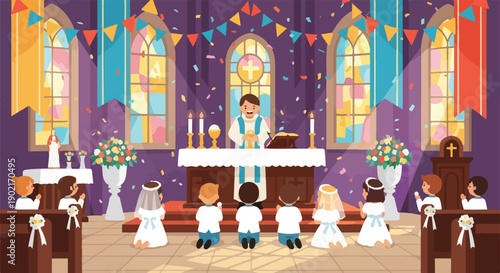 A cartoon-style illustration of a religious ceremony in a church setting
