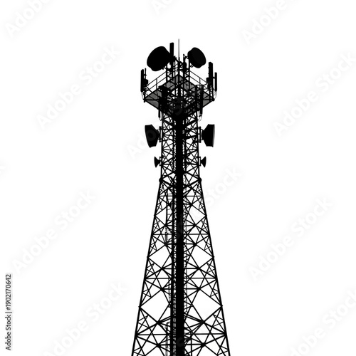 Silhouette of a telecommunications tower with multiple antennas against a white background.
