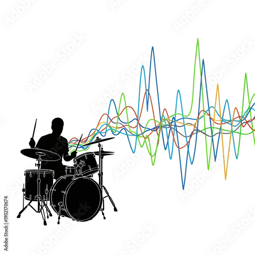 Silhouette of a drummer playing a drum kit with colorful sound waves emanating from the music.