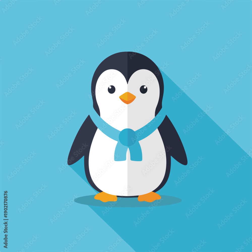 Obraz premium A charming cartoon penguin with a blue scarf on a soft blue background