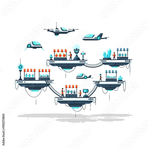 Futuristic city with flying vehicles and advanced technology on floating islands, representing innovation and progress.