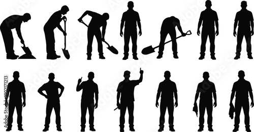 Construction worker silhouette set, manual labor icon illustration, shovel hammer wrench poses, industrial workforce graphic pack, black and white artwork