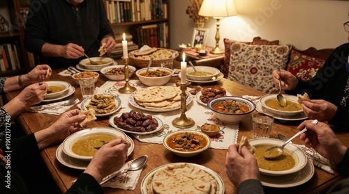 Warm family dinner at home with people sharing traditional dishes around a wooden table, candles creating cozy atmosphere, togetherness, food, culture and home comfort.
