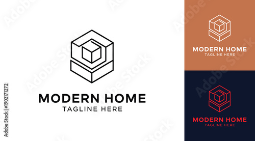 Modern home logo with cube design and tagline space on white background