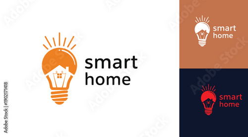 Smart home logo with light bulb and house icon in various colors on different backgrounds