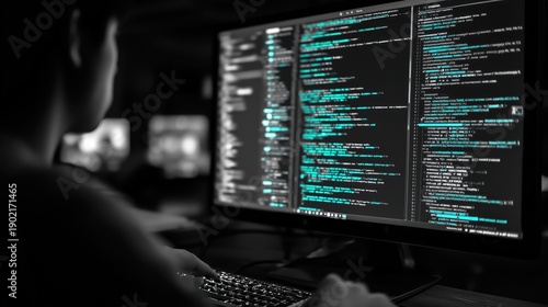 Wallpaper Mural Individual programming on a computer with multiple screens displaying code in a dark environment, emphasizing technology and software development Torontodigital.ca