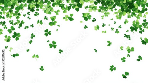 Falling shamrocks and floating clover leaves for St Patrick's Day celebration in a white background web banner