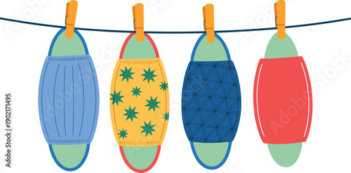 Four Colorful Lanterns Hanging on a String with Clothespins