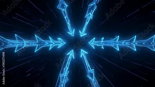 A geometric composition with neon blue arrows emanating from a central point, set against a dark, cosmic background. Streaks suggest speed