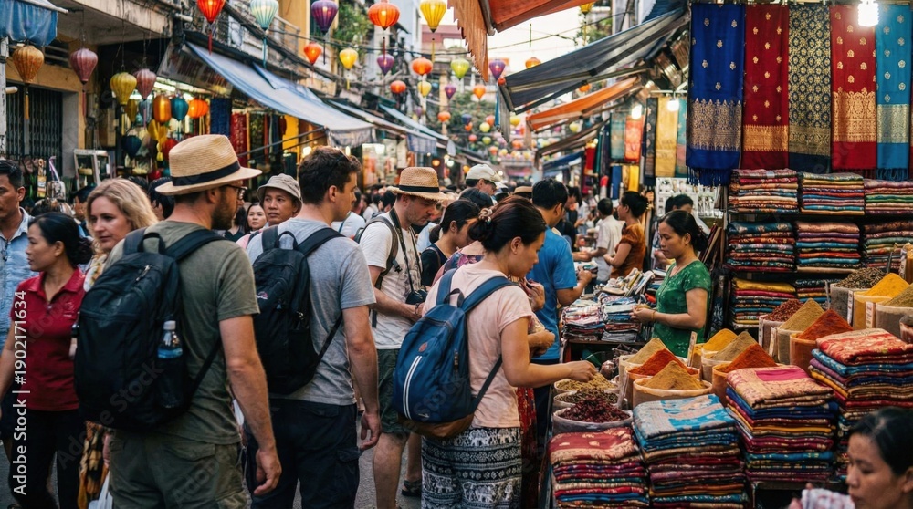 Obraz premium Busy street market in Asia with tourists browsing colorful textiles and spices, vibrant local commerce, cultural travel atmosphere, authentic urban lifestyle scene.