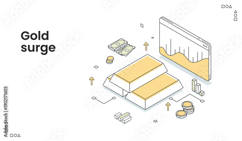 Gold Surge and Financial Growth, Isometric Illustration of Rising Gold Bars, Money, and Market Trends