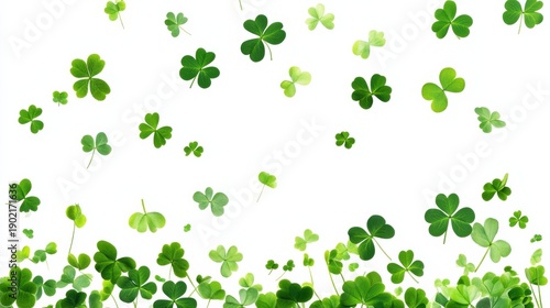 Falling shamrocks and green clovers for St Patrick's Day celebration on white background