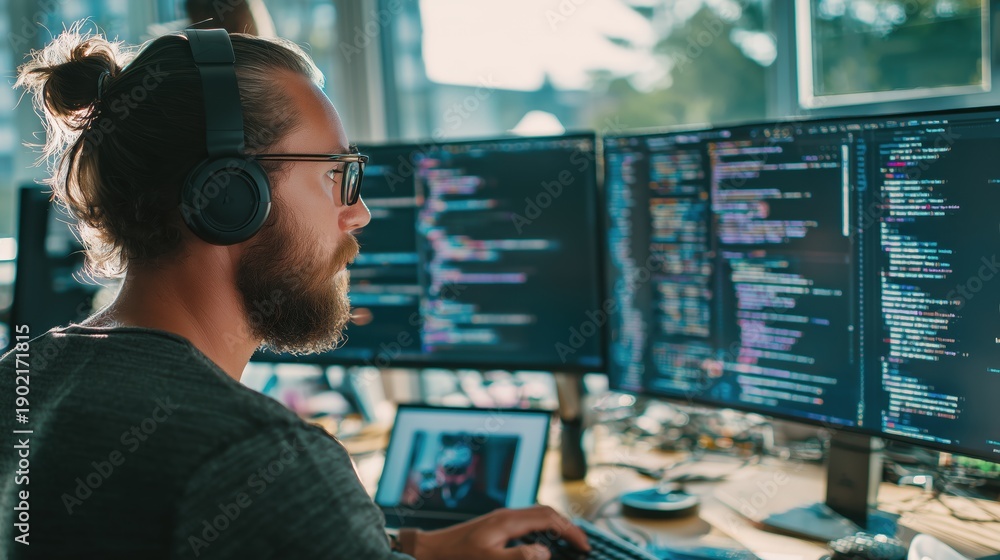 Fototapeta premium Male software developer wearing headphones works on multiple computer screens displaying code in a bright office environment with natural light and modern decor