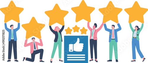 Group of diverse people holding large yellow stars above a document with a thumbs-up symbol