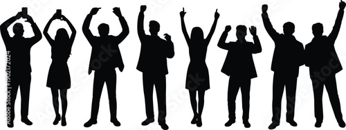 Group of Silhouetted People Celebrating with Raised Arms and Drinks silhouettes celebration