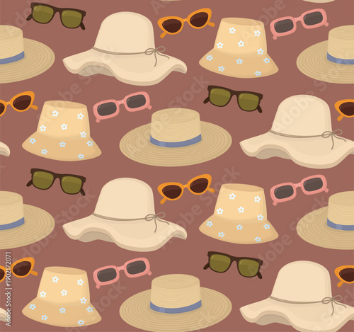 Seamless pattern with summer sunglasses and straw hats. Background of stylish beachwear
