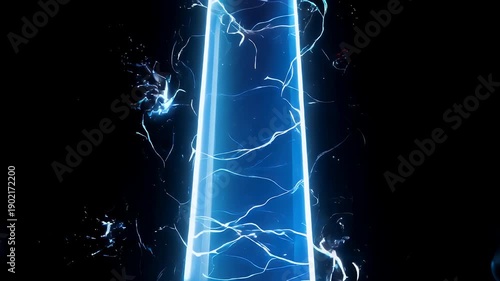 A vibrant, neon blue light pillar dominates a dark, space-like backdrop. Electric tendrils and energy bursts surround it, creating dynamism