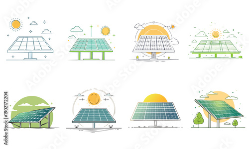 ソーラーパネルのイラストセット 再生可能エネルギーとエコをイメージした手書き風ベクター素材、背景透過