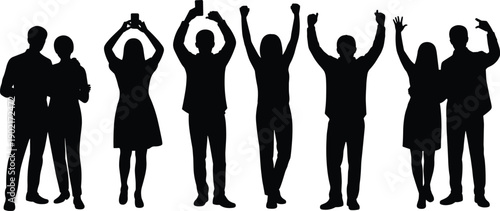 Group of Silhouettes Celebrating with Raised Arms and Holding Devices black white people