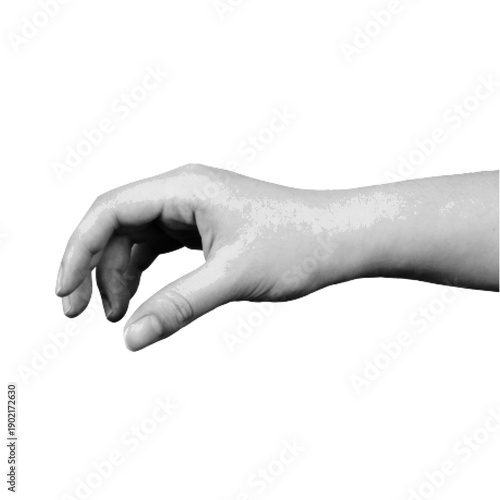 Black and white halftone illustration of a human hand gesture. Retro dot screen style, isolated minimal artwork for touch, interaction, anatomy, gesture control, and conceptual design.