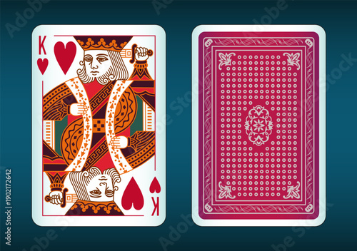 King of Hearts playing Poker card. Face and back side of card. Vector illustration.