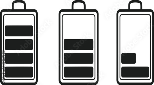 Battery charge level indicators showing full, medium, and low power status in a clean, modern, minimalist vector graphic