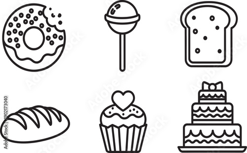Delightful Array of Outline Bakery and Confectionery Icons Sweet Treats and Baked Goods Illustrations for Food-Related Designs