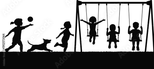 Silhouette of children playing with a dog and swinging on a playground in a park setting