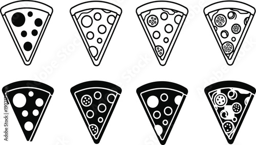 Set of pizza slices with various toppings represented in a simple, graphic style, suitable for food-related designs and menus