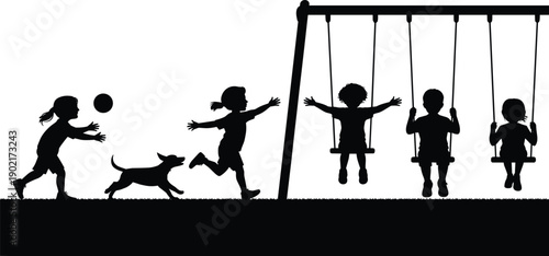 Silhouette of children playing with a dog and swinging on a playground swing set
