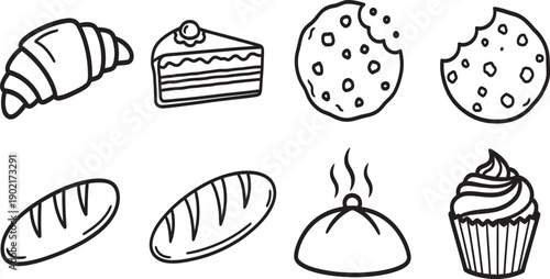 A delightful collection of baked goods including croissants, cakes, cookies, bread, buns, and cupcakes