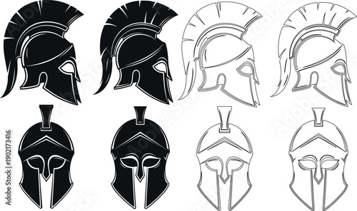 Collection of ancient warrior helmets with crests, set against a white background, presented in both solid black and outline formats