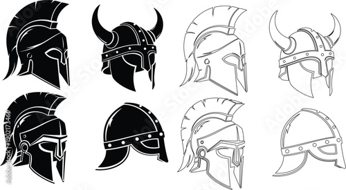 Collection of Warrior Helmets and Knight Armor Icons in Silhouette and Outline Styles