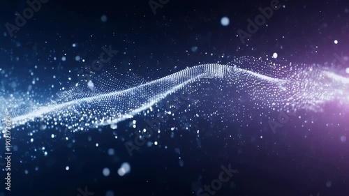 An abstract, digital artwork featuring a flowing, wave-like formation of luminous dots. The gradient background transitions