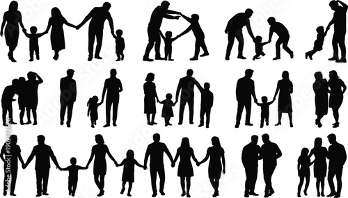 Silhouettes of diverse family groups and individuals in various poses and interactions on a white background