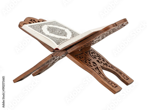 Beautiful intricately designed wooden quran stand holding a quran, symbolizing spirituality and reverence, perfect for home decor or religious purposes, isolated on transparent background