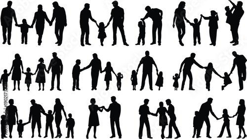 Silhouettes of diverse families and groups of people interacting and holding hands in various poses