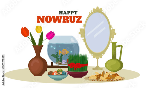 Happy Nowruz Greeting Card with Haft-Sin Symbols on White Background. Festive vector illustration for Persian New Year celebration. Design on a white background with "Happy Nowruz"