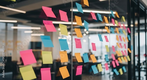 Colorful sticky notes cover a glass office wall, blurred background
