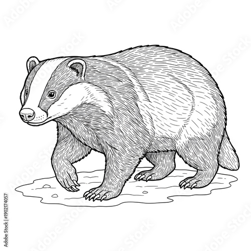 Wild Honey Badger Forest Mammal Line Art Illustration Vector