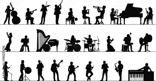 Silhouettes of musicians playing various instruments in three rows on white background musical instruments 1