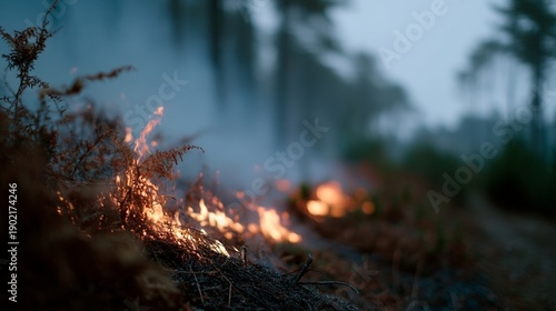 Low wildfire flames creep through dry grass and brush in smoky forest, climate crisis and drought risk context, urgent disaster backdrop for safety awareness