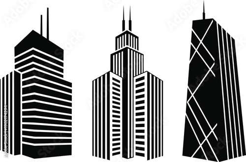 Dynamic vector set of stylized skyscraper silhouettes, ideal for modern urban architecture, city skyline designs, and high-rise building concepts