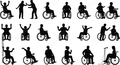 Silhouettes of people in wheelchairs engaging in various activities and interactions black white