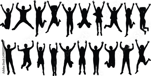 Silhouettes of people jumping with arms raised in joyful celebration against a white background 1