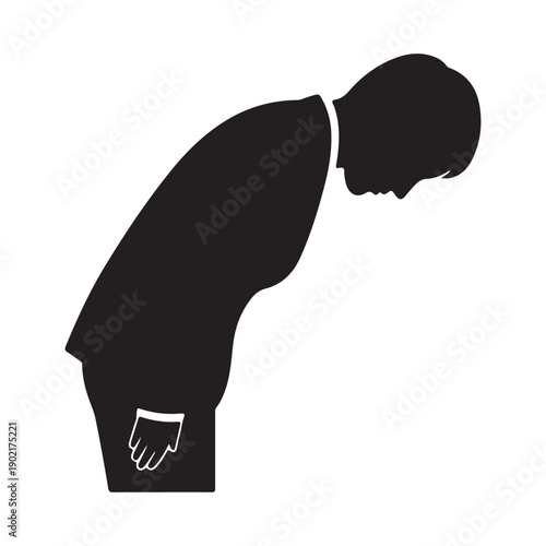 Silhouette of a person bowing deeply in respect or apology, isolated on white background