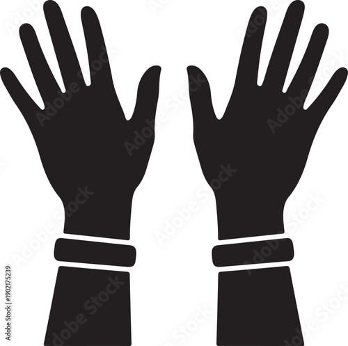 Black silhouette icon of two hands wearing protective rubber gloves, raised up