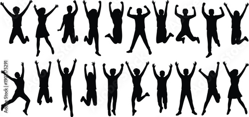 Silhouettes of people jumping with arms raised in various poses on white background black
