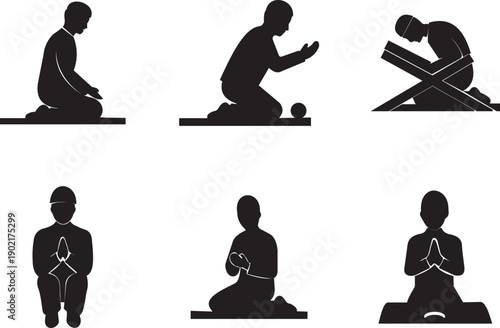Six silhouettes of muslim prayer poses salat isolated on white background